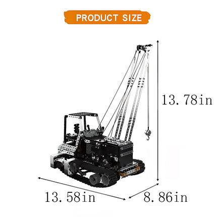 A product size dimension diagram for a steam punk mech metal model heavy duty crane showing height, length, and width measurements.