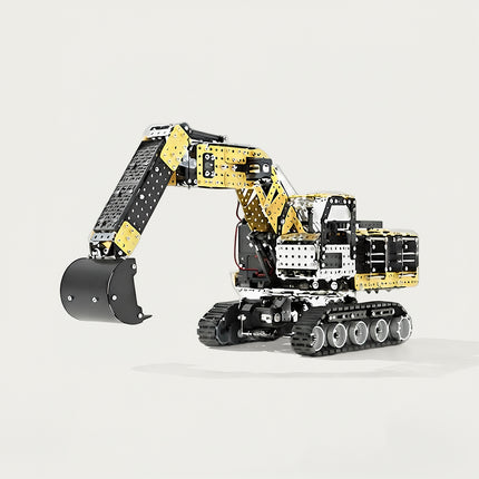 Studio product photography of a steam punk mech metal model excavator featuring yellow and black metal panels and tracked treads against a clean white background.