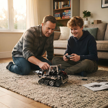 A father and son enjoying quality time together operating a steam punk mech metal model RC drill vehicle on the living room floor.