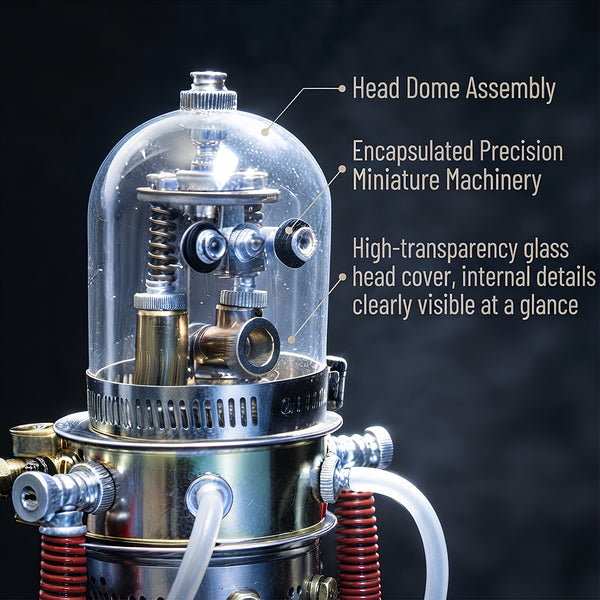 A product feature banner for a steam punk mech metal model highlighting a high-transparency glass head dome assembly with miniature machinery.