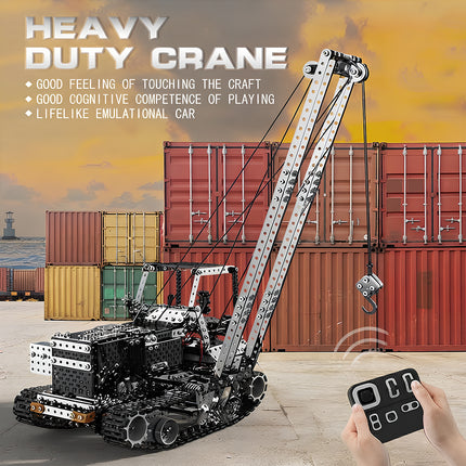 A product marketing banner for a steam punk mech metal model showcasing a heavy duty crane kit with remote control in a port setting.