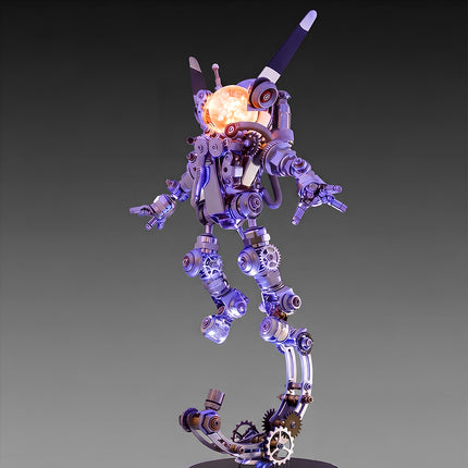A glowing night light version of the steam punk mech metal model stargazer astronaut, showcasing a warm illuminated helmet dome on a display stand.