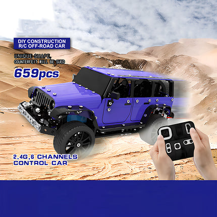 A promotional banner for a steam punk mech metal model DIY construction 659pcs 2.4G 6-channel RC off-road car in a desert landscape.