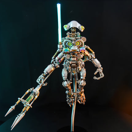 A glowing sci-fi steam punk mech metal model of a robot warrior armed with a light weapon against a dark background.