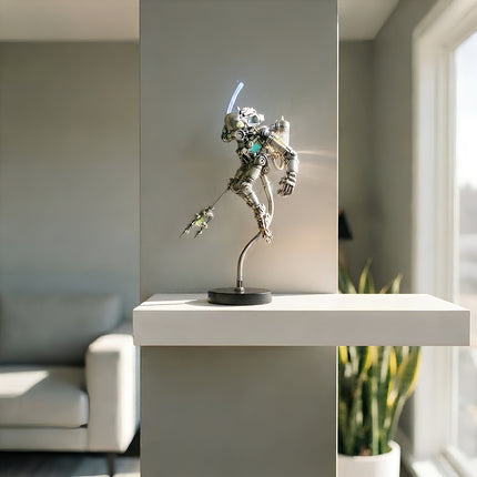 A steam punk mech metal model displayed as stylish home decor on a modern floating wall shelf in a bright living room.