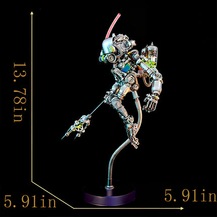 Product dimension and size specifications of the steam punk mech metal model, showing height and base width for buyers.