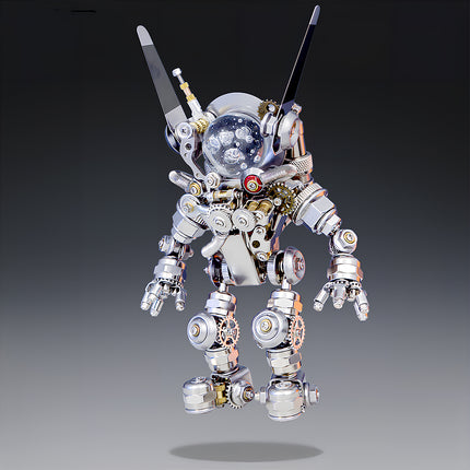 Front studio view of a steam punk mech metal model designed as a starry-helmeted astronaut with mechanical gear joints on a gradient background.