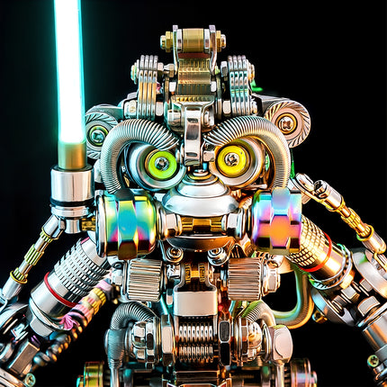 Close-up of the upper body of a steam punk mech metal model, highlighting iridescent metallic plating, glowing weapon light, and complex gear structures.