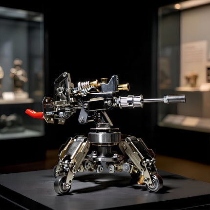 A museum exhibition style display of a steam punk mech metal model turret, showcasing its intricate gun barrel, tripod base, and mechanical detailing.