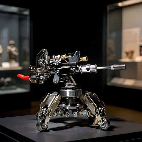 A museum exhibition style display of a steam punk mech metal model turret, showcasing its intricate gun barrel, tripod base, and mechanical detailing.