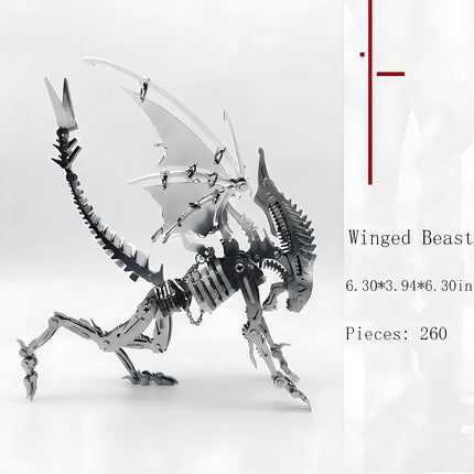A product specification infographic for the steam punk mech metal model Winged Beast, displaying dimensions of 6.30x3.94x6.30 inches and 260 pieces.