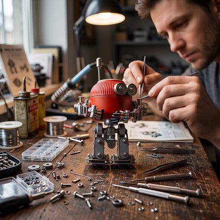 A hobbyist meticulously assembling a steam punk mech metal model on a workshop desk filled with tools and parts.