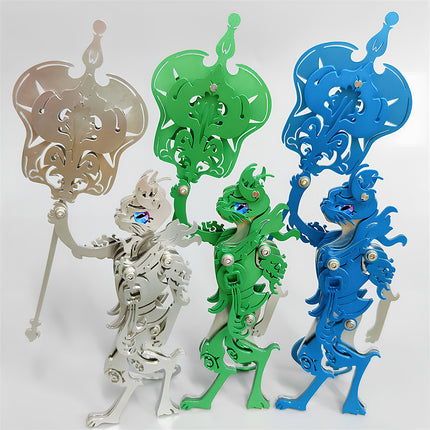 Multi-color collection of steam punk mech metal models in silver, green, and blue
