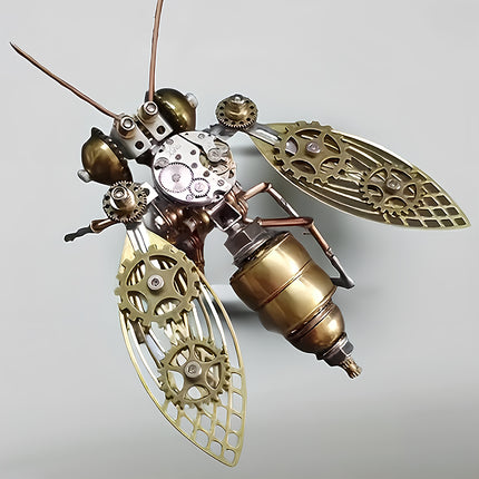 Close-up of Tablefunny steampunk mechanical bee 3D metal puzzle featuring intricate brass gear wings, exposed silver clockwork, copper antennae, and a golden segmented abdomen.