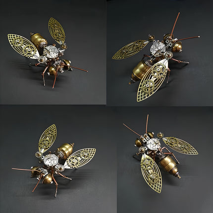 Four-angle display of Tablefunny steampunk mechanical bee 3D metal puzzle featuring brass-colored gear wings, exposed clockwork, and copper antennae.
