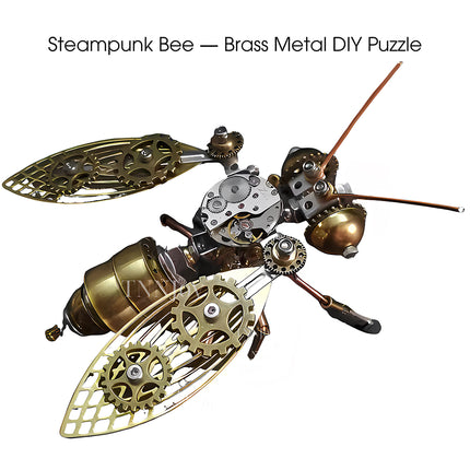 Tablefunny steampunk mechanical bee 3D metal puzzle with brass-colored body, intricate gear wings, exposed clockwork, and copper antennae.