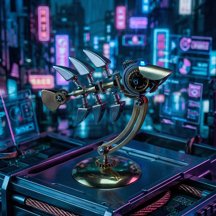 Tablefunny steampunk mechanical fish 3D metal model with silver fins, exposed gears, a blue eye, and a curved display stand in a neon-lit cyberpunk city scene.