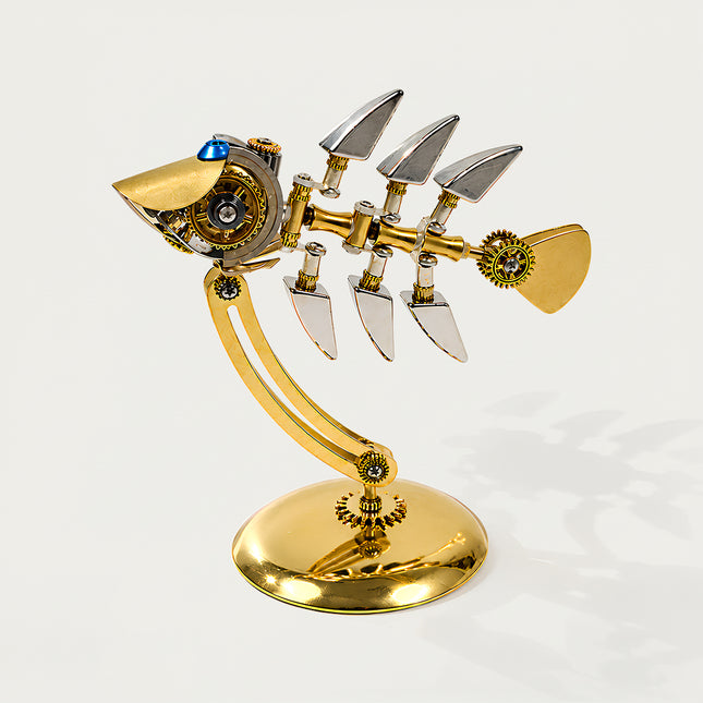 Tablefunny steampunk mechanical fish 3D metal model with gold gears, silver fins, a blue eye, and an articulated skeleton, mounted on a curved gold display stand.