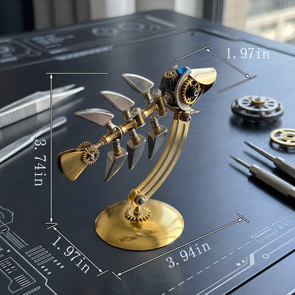 Tablefunny steampunk mechanical fish 3D metal model kit with exposed gears, silver fins and gold display stand, measuring 3.94 x 1.97 x 3.74 inches.
