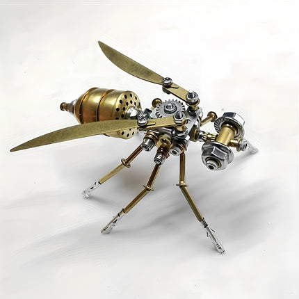 Tablefunny steampunk mechanical mosquito 3D metal model with brass-colored wings, exposed silver gears, cylindrical abdomen, and jointed metal legs.