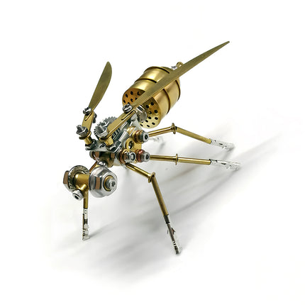 Rear-angle view of Tablefunny steampunk mechanical mosquito 3D metal model featuring a gold cylindrical abdomen, exposed gears, metallic wings, and slender legs.