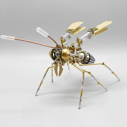 Close-up of Tablefunny steampunk mechanical mosquito 3D metal model with golden wings, exposed gears, copper antennae, and jointed metal legs.