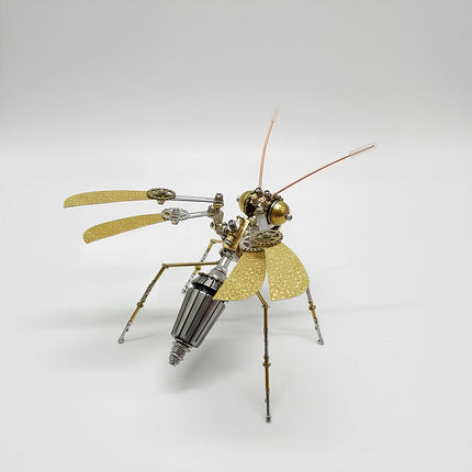 Rear view of Tablefunny steampunk mechanical mosquito 3D metal model with golden wings, a cylindrical metal abdomen, exposed gears, and slender legs.