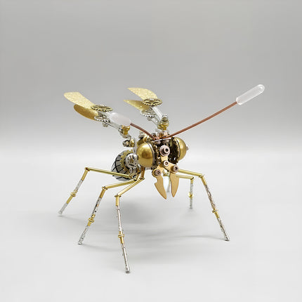 Tablefunny steampunk mechanical mosquito 3D metal puzzle with gold wings, exposed gears, long antennae, and slender metal legs on a white background.