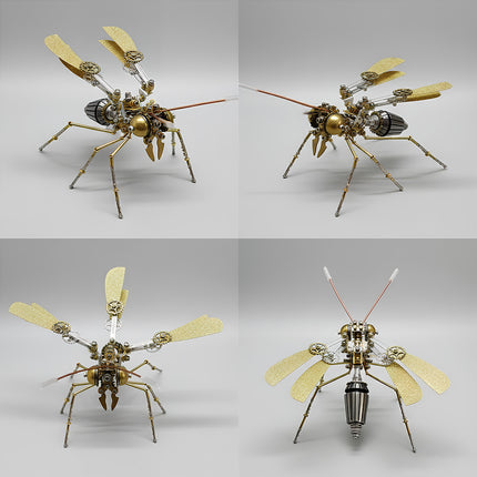 Four views of Tablefunny steampunk mechanical mosquito 3D metal puzzle featuring golden wings, exposed gears, copper antennae, and slender metal legs.