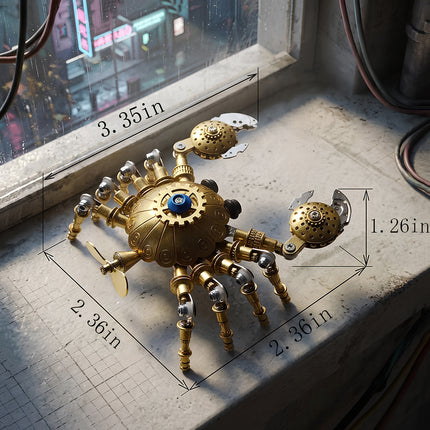 Tablefunny steampunk mechanical spider 3D metal model with brass gears, articulated legs, and claw-like arms, shown with dimension labels of 3.35, 2.36, and 1.26 inches.