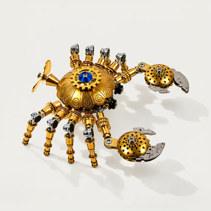 Tablefunny steampunk mechanical spider 3D metal puzzle featuring a gold dome-shaped body, blue centerpiece, articulated metal legs, and two detailed robotic claws on a white background.