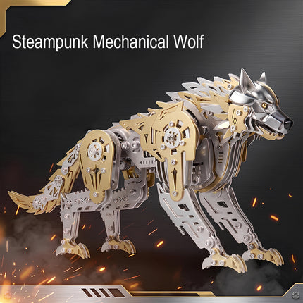 Tablefunny mechanical steampunk wolf metal model featuring an industrial gold and silver finish against a dynamic fire spark background.