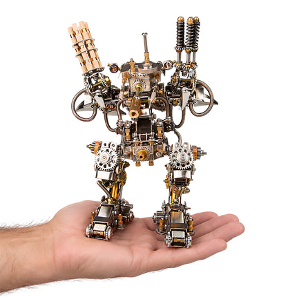 Steampunk Minotaur 3D Metal Assembly Model, DIY metal puzzle kit, size comparison shot held in palm, steampunk mechanical minotaur metal model, compact metal model kit for adult hobby collection