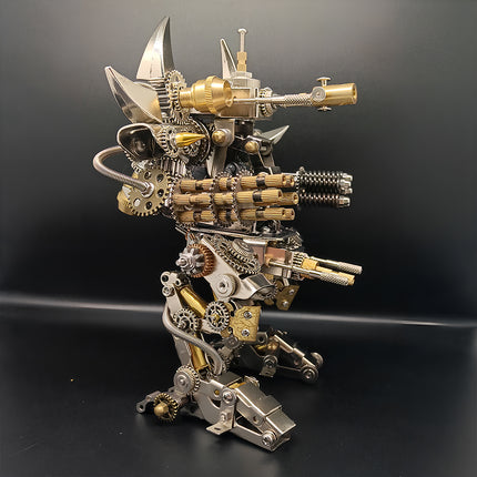Steampunk Minotaur 3D Metal Assembly Model, DIY metal puzzle kit, side profile view of mechanical minotaur metal model with complex gears and weapon details, steampunk cyberpunk collectible desk decor