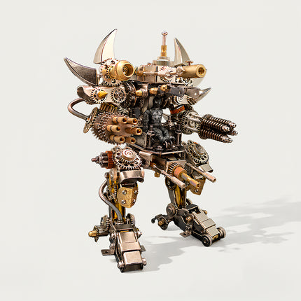 Steampunk Minotaur 3D Metal Assembly Model, DIY metal puzzle kit, side view shot on plain white background, steampunk mechanical minotaur robot metal model with intricate gears, adult DIY hobby collectible model kit