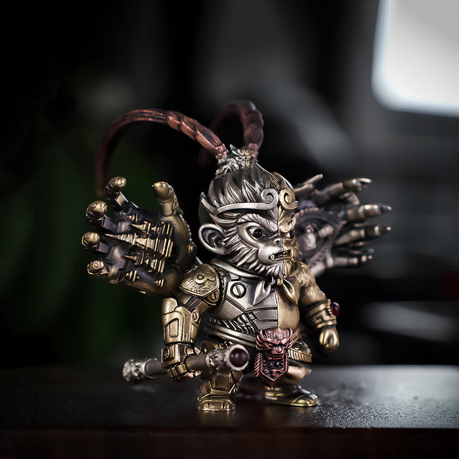 Close-up of Tablefunny's steampunk Monkey King metal model, highlighting the intricate mechanical steampunk armor, multi-arm details, and weapon, a unique 3D puzzle collectible or metal model.