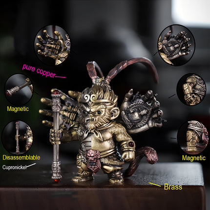 Tablefunny's steampunk Monkey King metal model showcasing its premium materials (pure copper, cupronickel, brass) and features like magnetic and disassemblable parts, highlighting the intricate mechanical steampunk design and craftsmanship of this 3D puzzle collectible.