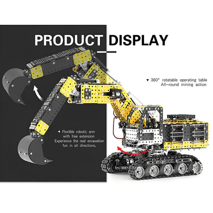 A product display banner of a steampunk puzzle excavator metal model highlighting the 360-degree rotating table and flexible robotic arm.