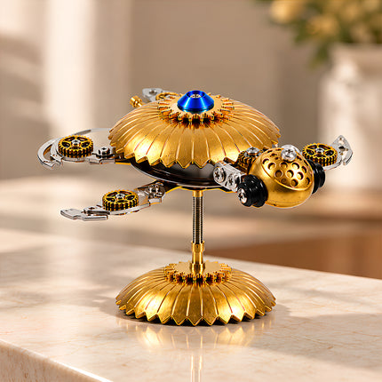 Full view display shot of steampunk puzzle flying saucer metal model, mechanical steampunk 3D puzzle Metal Kits, steam punk mech UFO metal model with stand for tabletop decoration