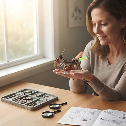A smiling woman holding a completed steampunk puzzle insect metal model in her hands near a sunny window.