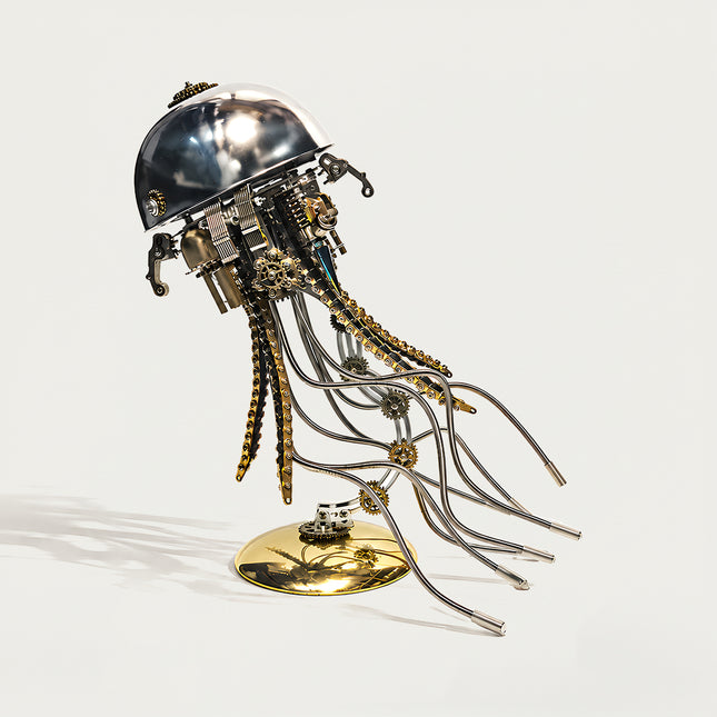 Full view shot of steampunk puzzle metal jellyfish model, mechanical steampunk 3D puzzle Metal Kits, steam punk mech jellyfish sculpture with metal tentacles and intricate gear details