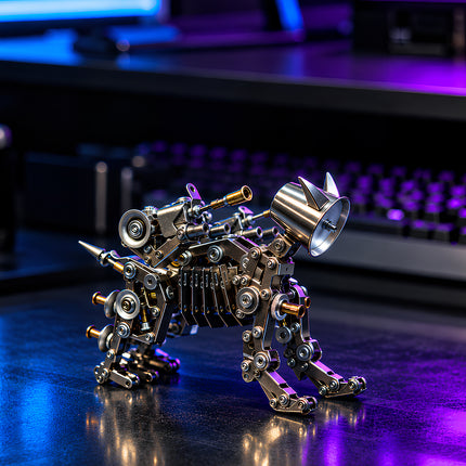 Mechanical Dog 3D Metal Model Kit, DIY steampunk metal puzzle assembly model, articulated mechanical dog metal model placed on RGB gaming desk with purple and blue neon lighting