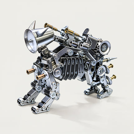 Full view shot of steampunk puzzle mechanical robot dog metal model, mechanical steampunk 3D puzzle Metal Kits, steam punk mech robot dog with articulated mechanical limbs and intricate gear and bolt details