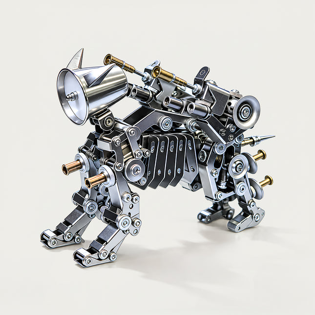 Full view shot of steampunk puzzle mechanical robot dog metal model, mechanical steampunk 3D puzzle Metal Kits, steam punk mech robot dog with articulated mechanical limbs and intricate gear and bolt details