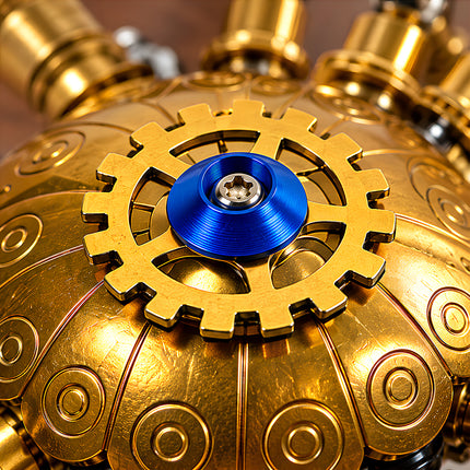 Closeup macro shot of gear wheel of steampunk puzzle metal model, mechanical steampunk 3D puzzle Metal Kits, steam punk mech with golden metal shell and blue center gear