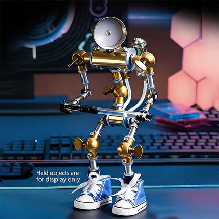 A creative lifestyle studio shot of a steampunk puzzle robot metal model wearing cute sneakers on a gaming desk.