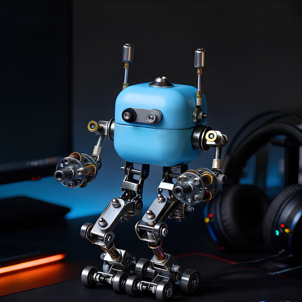 A product lifestyle studio shot of a steampunk puzzle robot metal model displayed on a modern gaming desk setup.