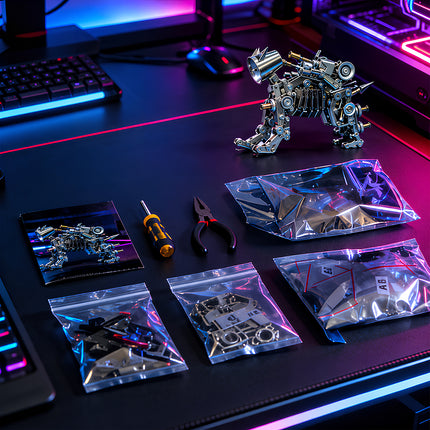 Desktop layout shot of steampunk puzzle mechanical robot dog metal model DIY kit, mechanical steampunk 3D puzzle Metal Kits, showing sorted parts bags, assembly tools and finished model on gaming desk setup