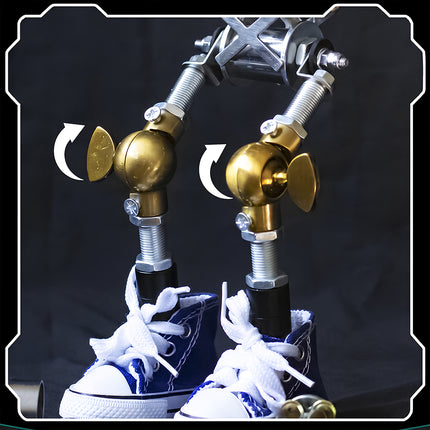 A product feature detail close-up of a steampunk puzzle robot metal model highlighting adjustable and movable mechanical leg joints.