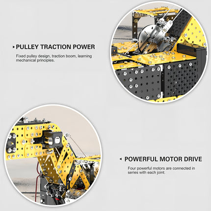 A product feature infographic banner of a steampunk puzzle robot metal model highlighting pulley traction power and powerful motor drive.